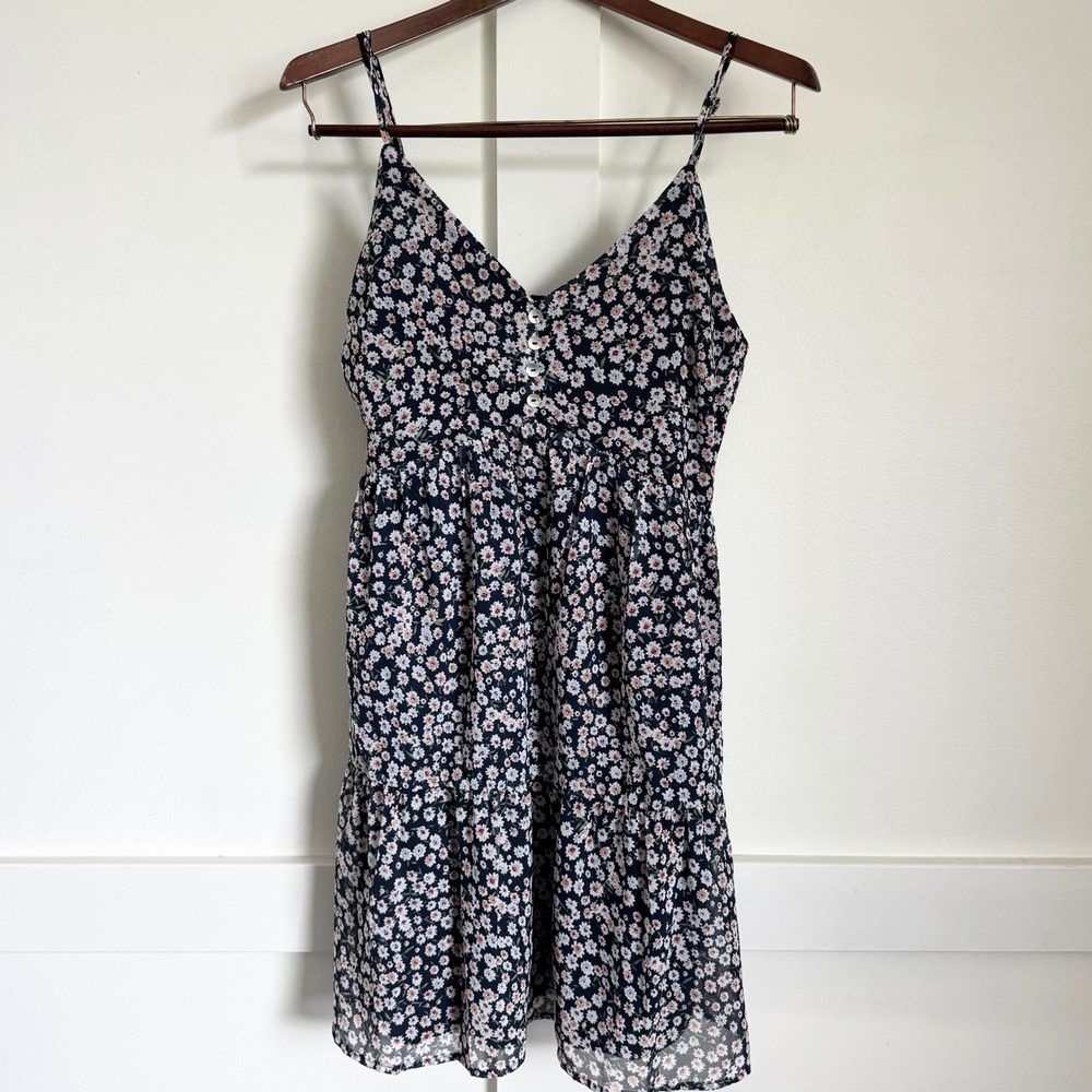 BaeVely Floral Mini Dress Spaghetti Straps Navy Cream Sz M